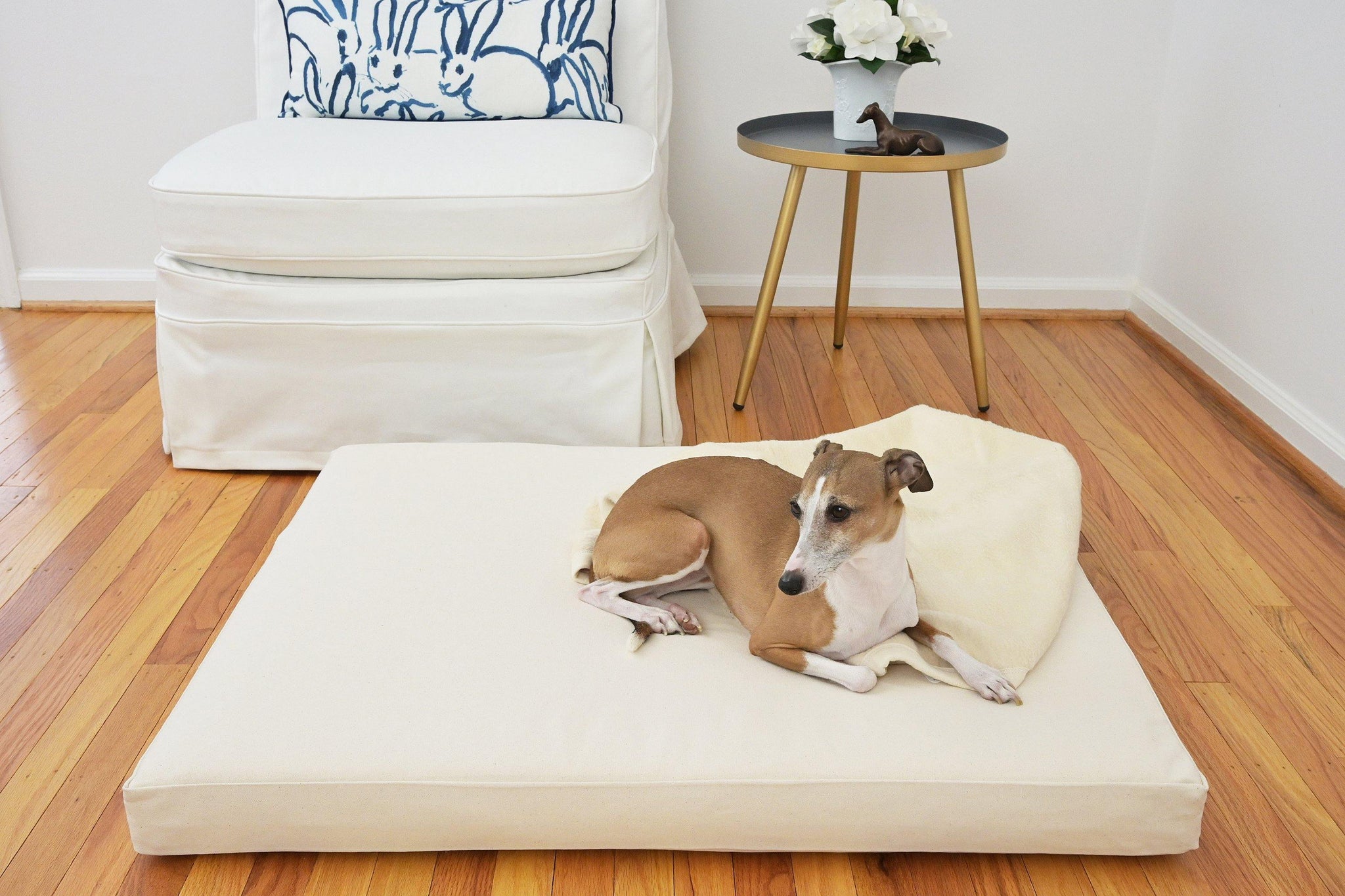 greyhound laying on orthopedic dog bed natural beige