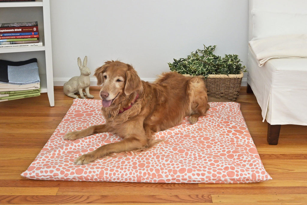 Golden retriever on a coral colored organic dog mat